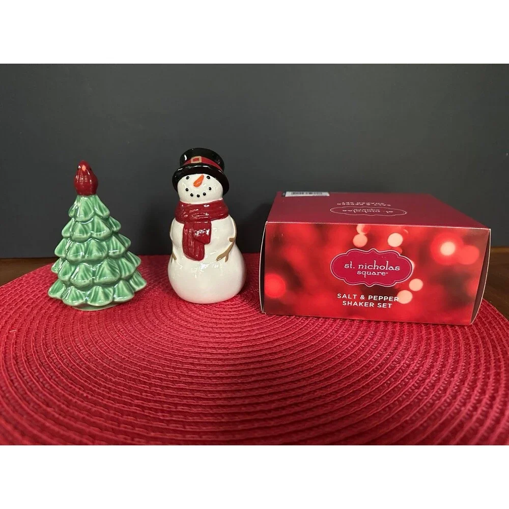 St. Nicholas Square Ceramic Christmas Snowman & Tree Salt Pepper Shaker Set